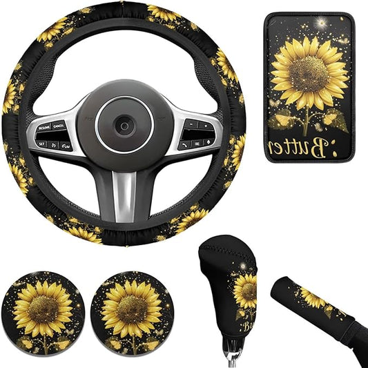 Butterfly & Sunflower Print Car Accessories for Women 6 Pcs Steering Wheel Cover Handbrake Gear Cover Cup Coaster Armrest Cover Auto Accessories for Men Women