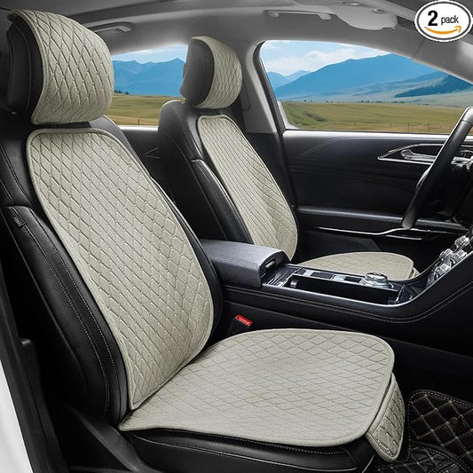 2 Pack Linen Car Seat Covers Front Seat Covers Breathable Cloth Fabric Car Seat Protector Universal Fit Most Automotive, Van, SUV, Trucks (2Pack Beige)