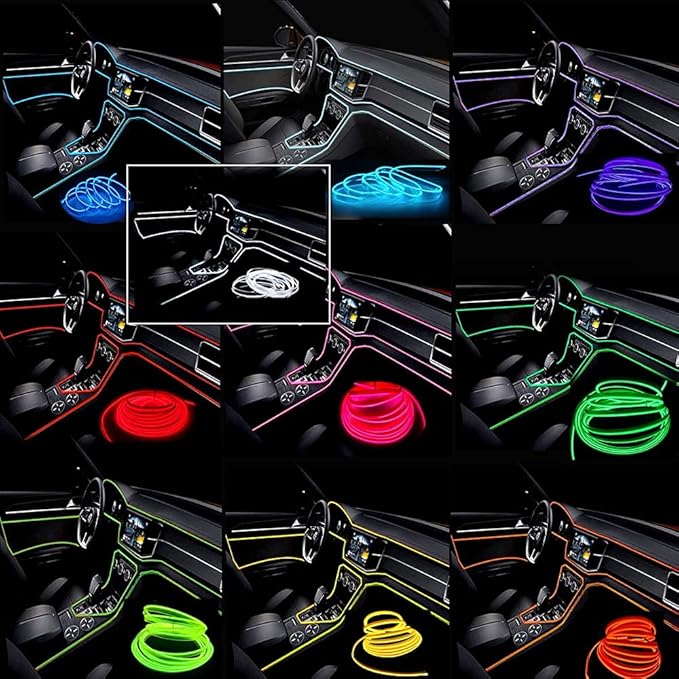 MaxLax El Wire Lemon Green Interior Car LED Strip Lights, 10m neon Wire 12V with Fuse Protection for Automotive Car Interior Decoration with 6mm Sewing Edge