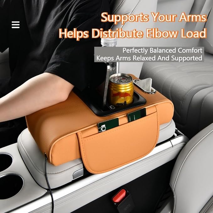 Car Armrest Pad Cover with Red Starry Sky LED Projection, Dual Type-C Charging Ports, Leather Car Center Console Cushion with Cup Holder, Tissue Holder (Red Starry Sky LED Projection, Coffee)