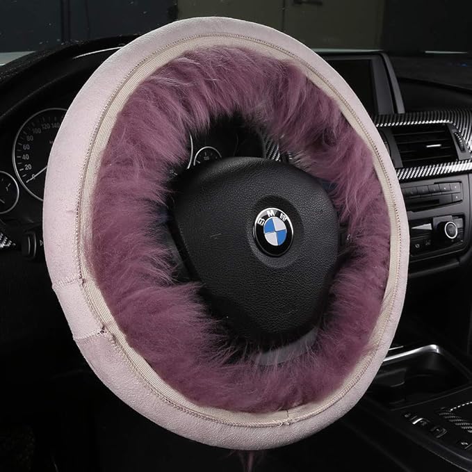 3Pcs Set Fashion Fluffy Fuzzy Wool Fur Soft Car Steering Wheel Cover with Handbrake Cover & Gear Shift Cover for Women/Girls/Ladies Auto Long Wool Accessories, White Black Tip