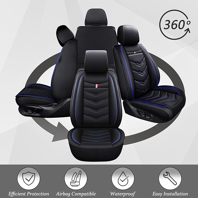 Car Seat Cover for Ford Explorer 2000-2025, Waterproof Durable Compatible Airbag, Premium Leather Seat Protector(5 Seats Standard,Black Blue)