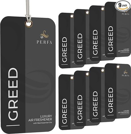 9PCS Greed Disposable Air Fresheners for Men | Long Lasting Car Air Freshener with Greed Fragrance | Lasts for 2 Weeks | Strong Car Perfume with Odour Eliminating Technology | by Perfa