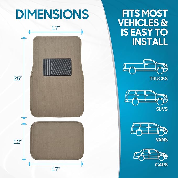 BDK Classic Carpet Floor Mats for Car & Auto - Universal Fit -Front & Rear with Heelpad (Medium Beige) (MT-100-CPTSERIES)