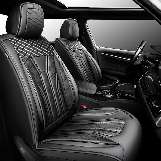 Fit Frontier Car Seat Covers Compatible with Nissan Frontier 2010-2025 2026 -Premium Leather， Waterproof Breathable， All-Weather Seat Cushion Protecto&Airbag Compatible (2 Front Seat All Black)