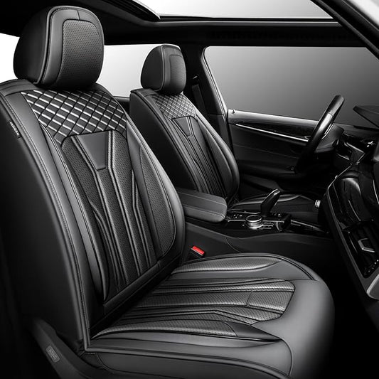 Fit Versa Car Seat Covers Compatible with Nissan Versa 2008-2025 2026 - Premium Leather， Waterproof Breathable， All-Weather Seat Cushion Protecto&Airbag Compatible (2 Front Seat All Black)