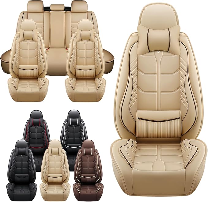Leather Car Seat Covers Fit for Toyota Avalon 1996-2024, 5 Seater Car Seat Cover, Premium Waterproof, Scratch Resistant Car Interior Accessories (Full Set with Pillow Beige)