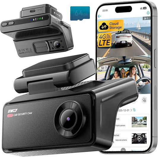 IIWEY 4G LTE Dash Cam with Live-Streaming, Anti-Theft Car Security Camera, Instant Alert via App, Cloud & SD Storage, 2K+1080P Front Inside, No Screen, IR Night Vision, 24/7 Parking Mode, GPS, OBD
