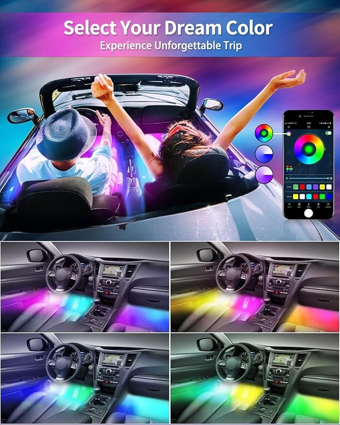72 LED USB Interior Strip Lights Dream Color RGB-IC 12V DC with App RF Remote Control Multicolor Footwell Under Dash Chasing Inside Light Kits 4 Lines Music Sync Mode for Cars Truck ATV UTV
