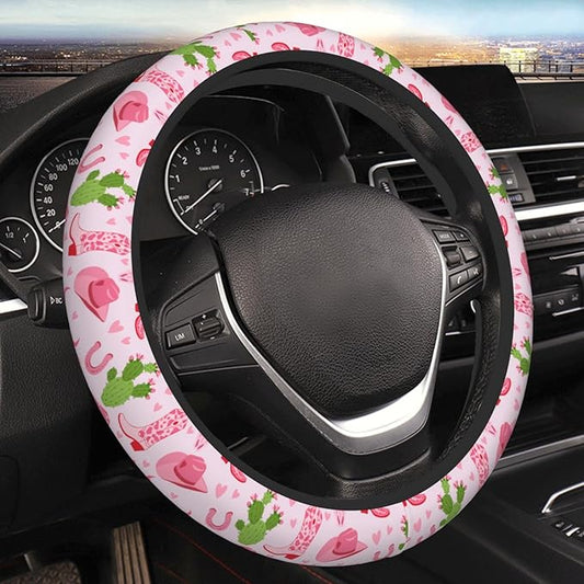 Cowgirls Cactus Pink Steering Wheel Cover for Women Elastic Rubber Steering Wheel Universal 15 Inch Fit for Cars, Auto, SUVs