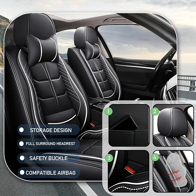 Leather Car Seat Covers Fit for Toyota Sienna 1997-2024, 5 Seater Car Seat Cover, Premium Waterproof, Scratch Resistant Car Interior Accessories (Full Set with Pillow Black White)