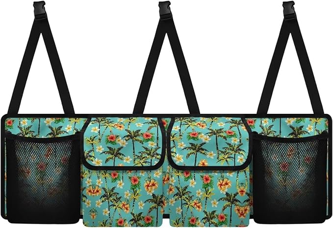 Green Coconut Palm Car Trunk Organizer Storage - Collapsible Pocket Automotive Expandable Sturdy Straps Folding Cargo Store for Auto Backseat