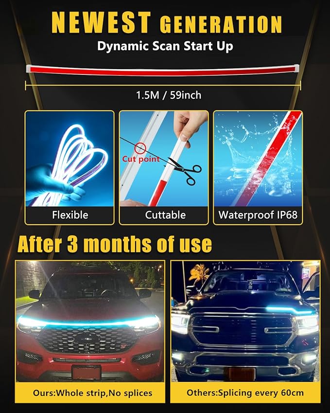 Dynamic Scan Start Up Hood Light Strip Sequential Flowing Turn Signal Lights Flexible Car Led Light Strip Exterior DRL Daytime Running Light,Dual Color Amber Ice Blue Switchback 12V 59inch (1Set)