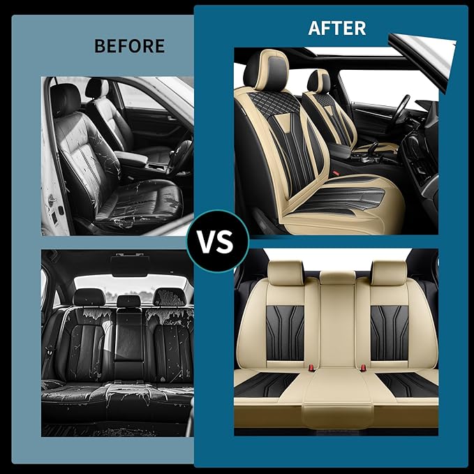 Fit Altima Car Seat Covers Compatible with Nissan Altima 2011-2025 2026 - Premium Leather， Waterproof Breathable， All-Weather Seat Cushion Protecto&Airbag Compatible (2 Front Seat Beige&Black)
