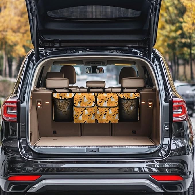 Hanging Car Trunk Organizer with 4 Pockets Halloween Spooky Bats Auto Back Seat Storage Bag Auto Interior Accessories for Sedans SUV MPV Trucks Jeep Pickup