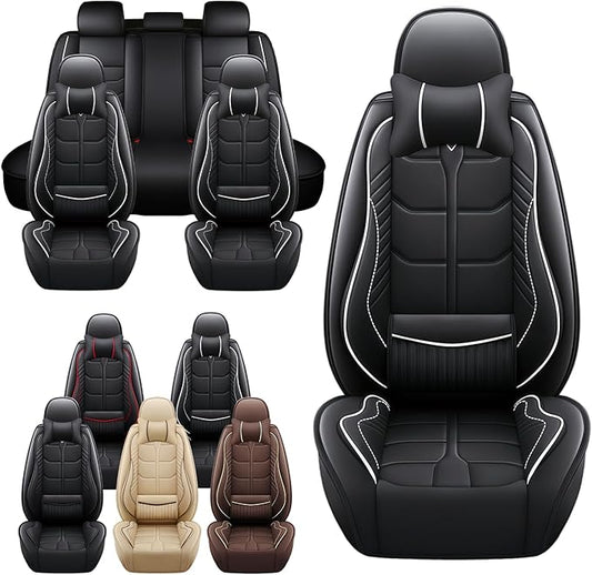 Leather Car Seat Covers Fit for Toyota Matrix 2003-2013, 5 Seater Car Seat Cover, Premium Waterproof, Scratch Resistant Car Interior Accessories (Full Set with Pillow Black White)