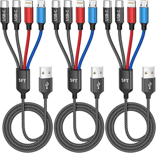 MPATIBY Dual Type-C 4 in 1 Multi Charging Cable for Multiple Devices with 2 USB-C/Lightning/Micro Port, USB Cable iPhone Charger Cord, Travel Charger for iPhone17-8, Android iPad and More- 3Packs 5FT