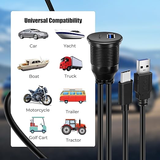 Dual Port USB A/C 3.0 Male to USB A/C 3.0 Female Extension Cable,Flush Mount Waterproof Panel Cable for Car,Truck,Boat,Motorcycle Dashboard 3.3ft