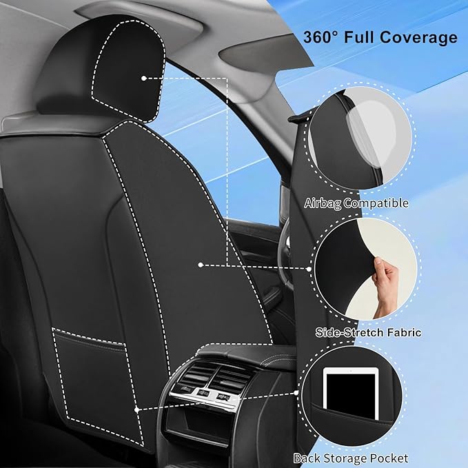Fit Impala Car Seat Covers for Chevrolet/Chevy Impala 2000-2020, Premium Full Coverage Leather, Airbag Compatible, Waterproof All Weather Breathable Seat Protector, Front Pair Black+Gray
