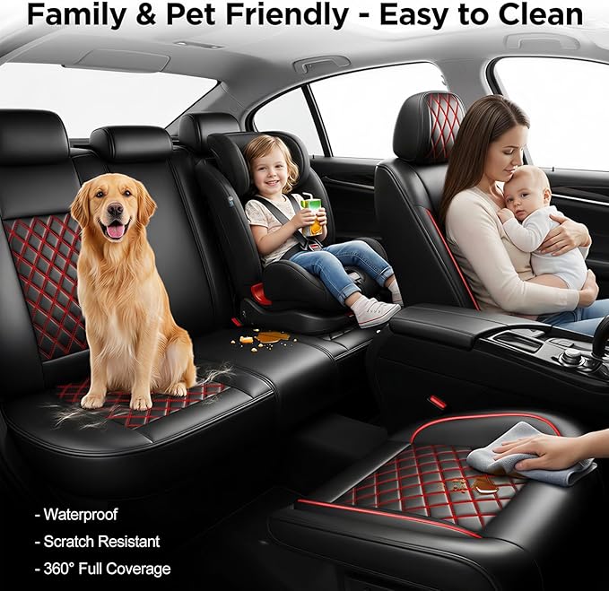 Fit for Accent Seat Covers Compatible with Hyundai Accent 2017-2026 - Waterproof Breathable Leather Automotive Seat Cushions Protector,Airbag Compatible,Full Set 5 Seats(Redline)