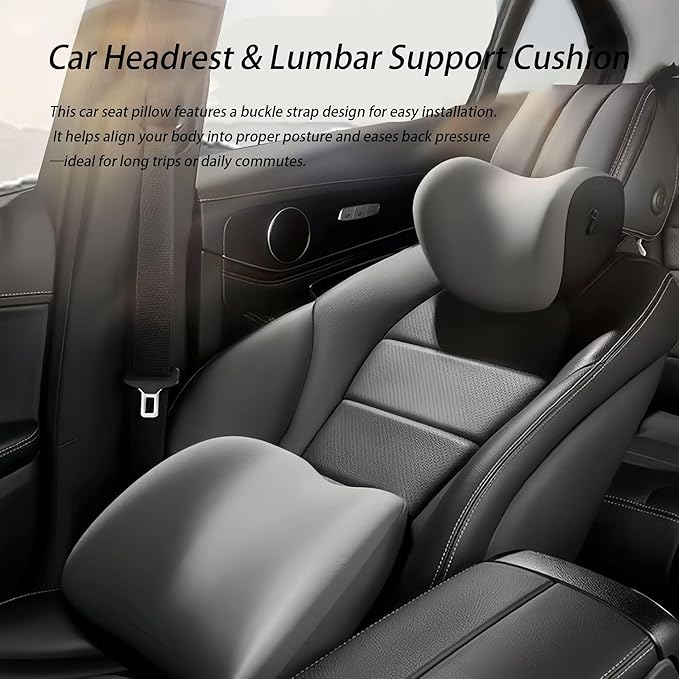 Car Lumbar Support Pillow and Car Neck Pillow Kit for VW Taos 2021 2022 2023 2024 2025 2026, Car Seat Neck Back Rest Pillows, Ergonomic Car Seat Headrest & Lumbar Cushion,B Grey