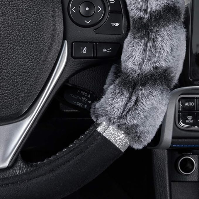 BDK Bear Fur Plush Steering Wheel Cover - Cute Faux Wool Protector for Women Girls Fits Wheels 14.5-15 inch Bear Fur - Black/Gray with Glitter