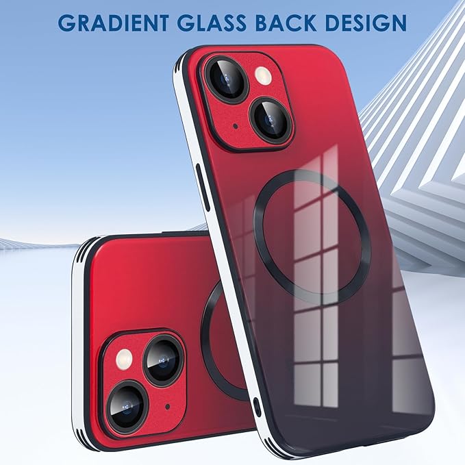 Guppy Compatible with iPhone 13 with MagSafe Case, Magnetic Gradient Case with MagSafe Charging, Gradient Glass Back Cover with Lens Film-Red