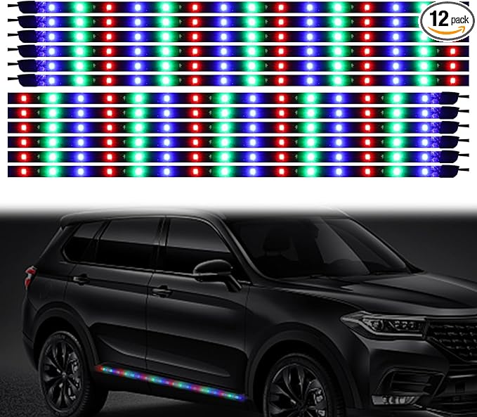 RGB LED Strip Lights for Car BaishenglinMotor 12-Pack DC12V Waterproof 30CM/11.8"/1FT 5050 15-SMD LED Strip Underbody Light for Car Motorcycles Golf Cart Decoration Led Interior Exterior Strip Lights