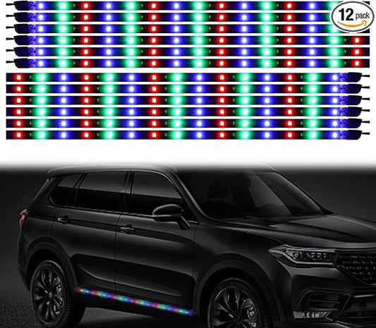 RGB LED Strip Lights for Car BaishenglinMotor 12-Pack DC12V Waterproof 30CM/11.8"/1FT 5050 15-SMD LED Strip Underbody Light for Car Motorcycles Golf Cart Decoration Led Interior Exterior Strip Lights