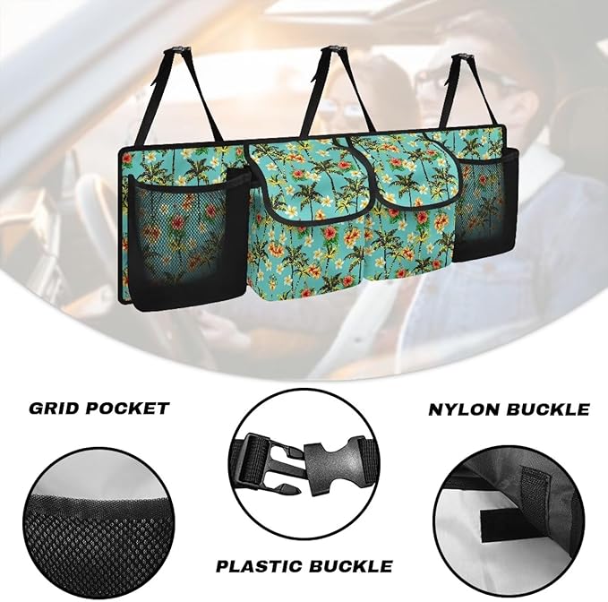 Green Coconut Palm Car Trunk Organizer Storage - Collapsible Pocket Automotive Expandable Sturdy Straps Folding Cargo Store for Auto Backseat