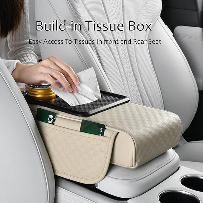 Car Center Console Armrest Pad, Arm Rest Box Cushion with Ergonomic Height Boost, Storage Pockets, Built-in Tissue Box, Cupholder, Fit for Most Sedan Vehicles (Embossing Checkerboard, Beige)