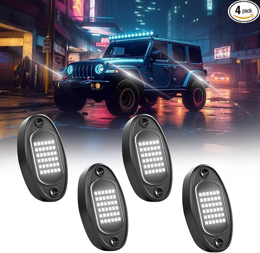 GSRECY Rock Lights Ultra Bright LED Neon Underglow Lights Waterproof for Trucks Pickup SUV UTV ATV RZR Car Boats Motorcycle (White, 4 Pods)