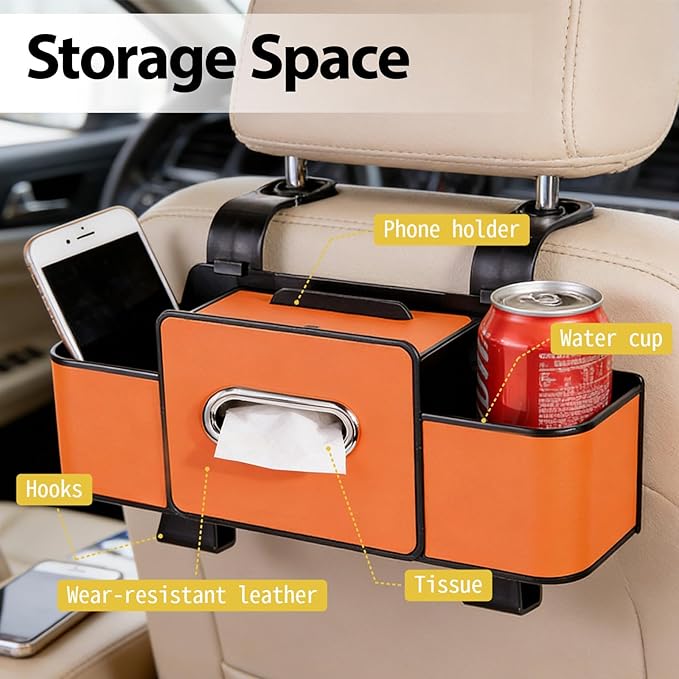 ZenChef Three-in-one Car Organizers and Storage, 2025 New Multi-function Car Tissue Holder, Multi-function Backseat Car Organizer with Cup Holder, Tissue Box, Hook (brown)