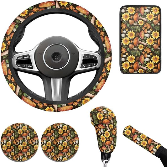 Mushroom 6pcs Car Steering Wheel Cover Set for Men Women Sunflower Car Interior Accessories Cup Coaster Handbrake Cover Universal Fit Auto,Suvs,Truck