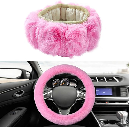 Fluffy Steering Wheel Cover, Winter Warm, Suitable for Most Car Steering Wheels in The 14-15 Inch Range (Pink, 1PCS)