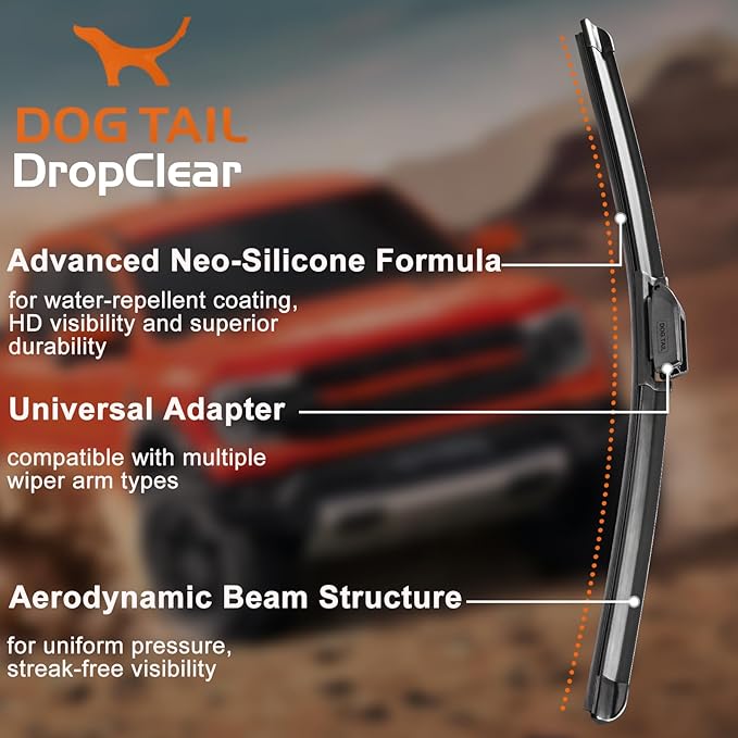 DOG TAIL Water Repellent Silicone Wiper Blades 26" 20" Set with Multiple Adapters and 2 Refills, Automotive Replacement Front Windshield Wiper Blades for My Car with Water Repellency Formula DropClear