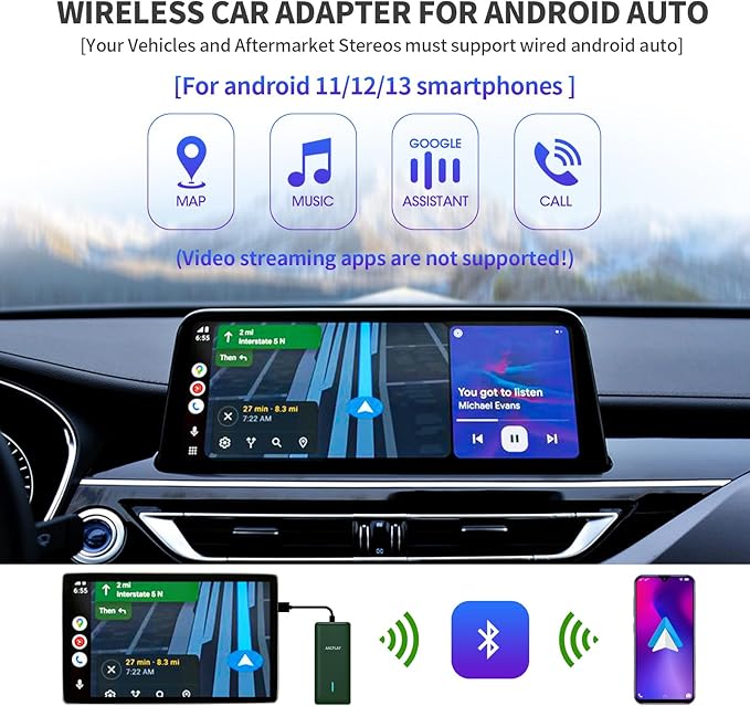 AACPLAY 2024 Wireless Android Auto Car Adapter Converts Wired Android Auto to Wireless, Android Auto Wireless Dongle for AA, USB Type-A or USB Type-C Plug-in, Version 2.0