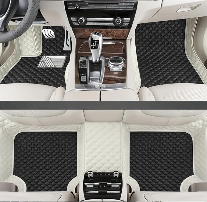 Custom Making Car Floor Mats for 98% Sedan SUV Car Protection Full Coverage Mats Anti-Slip Leather Floor Liners All Weather Car Floor Mats (White+Gentleman Black)