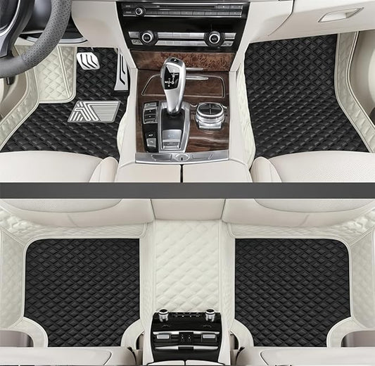 Custom Making Car Floor Mats for 98% Sedan SUV Car Protection Full Coverage Mats Anti-Slip Leather Floor Liners All Weather Car Floor Mats (White+Gentleman Black)