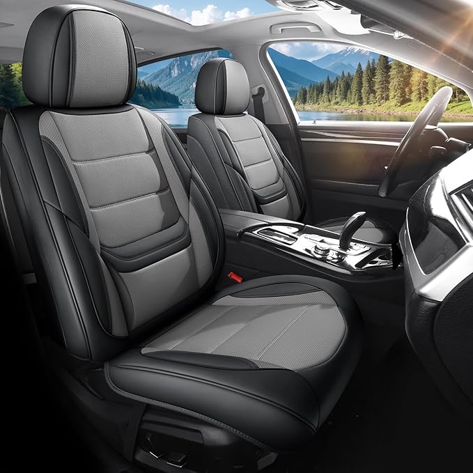 Car Seat Covers Full Set Custom Fit for Ford Focus 2000-2018 - Premium Faux Leather with Lumbar Support, Breathable, Anti-Slip & Full Wrapping Edge (Black&Gray,Full Set)