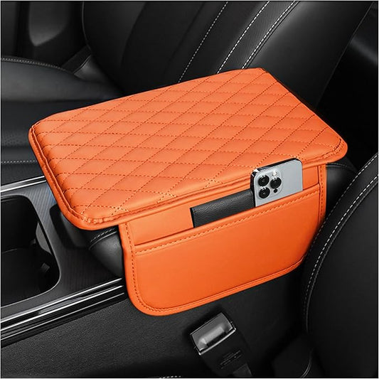Upgraded Car Center Console Cover,Microfiber Leather Car Armrest Cover Cushion with 2 Storage Bags,Universal Car Armrest Storage Box Car Interior Accessories Fit Most Cars (Orange)