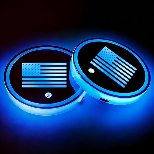 American Flag LED Cup Holder Lights for Car,2Pcs LED Light Up Cup Holder Coasters with USB Charging 7 Colors 3 Modes,Waterproof Interior Atmosphere Lamp,Car Decor Accessories Gifts for Women Men