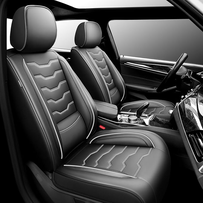 Fit Sonata Car Seat Covers Premium Leather for Hyundai Sonata 2007-2025 2026. Waterproof， Breathable, Scratch-Resistant & All-Weather Seat Cushion Protector（Front Seat,White Line Black