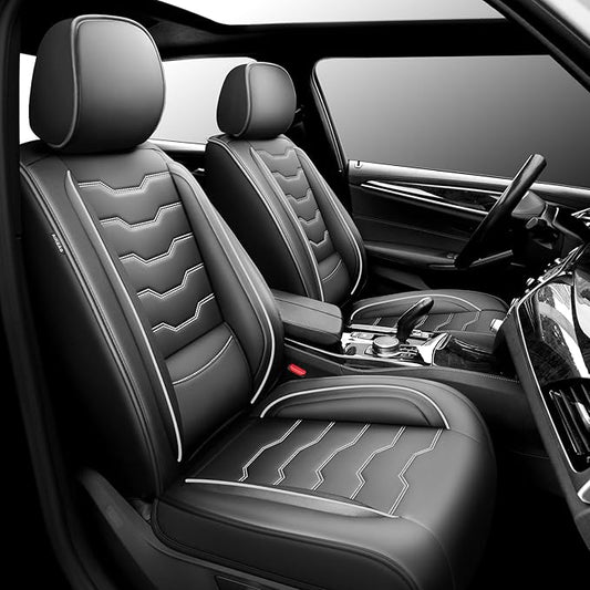 Fit Prius Car Seat Covers for Toyota Prius 2001-2025 2026 -Premium Leather, Waterproof，Breathable，All-Weather Seat Cushion Protecto & Airbag Compatible, 2 Front Seat White Line Black