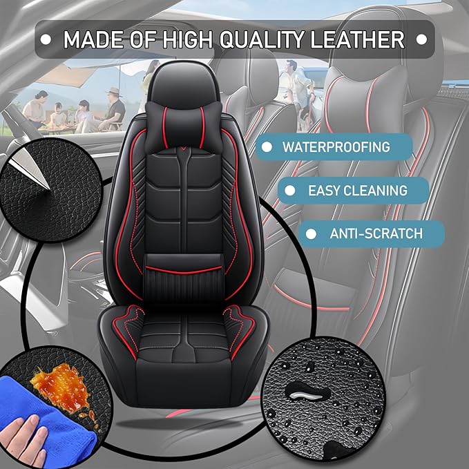 Leather Car Seat Covers Fit for Toyota Sequoia 2001-2024, 5 Seater Car Seat Cover, Premium Waterproof, Scratch Resistant Car Interior Accessories (Full Set with Pillow Black Red)