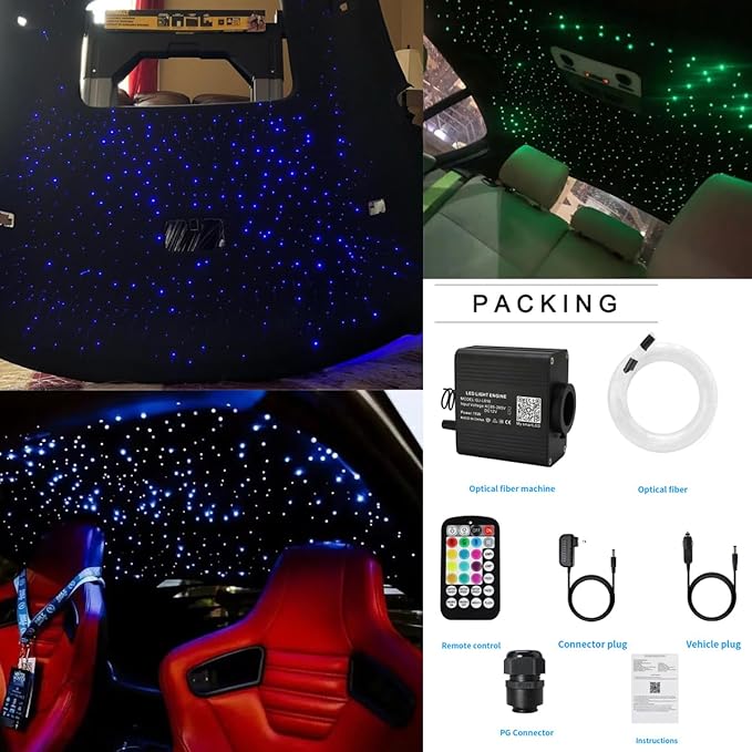 AZIMOM 16W Twinkle & Sound Activate 650pcs*0.03in*9.8ft Fiber Optic Starlight Headliner Kits for Car Home Star Ceiling Sky Decoration, APP& Remote Control Light Engine End Glow Fiber