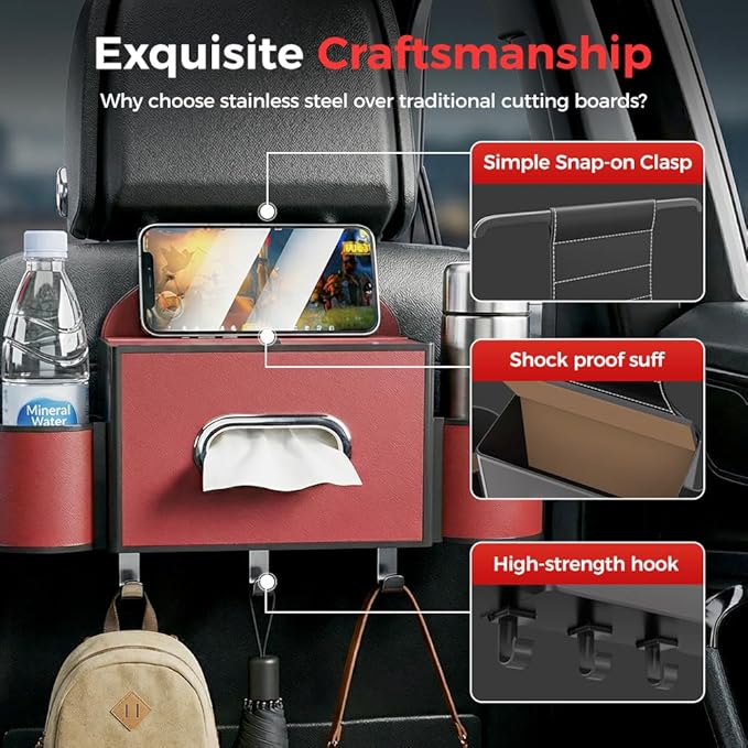 3-in-1 Car Backseat Organizer with Cup Holder, Tissue Box, Trash Bin & Hooks,Multifunctional Back Seat Car Organizer for Hold Phones,Snacks,Drinks,and Handbags (A- Red)