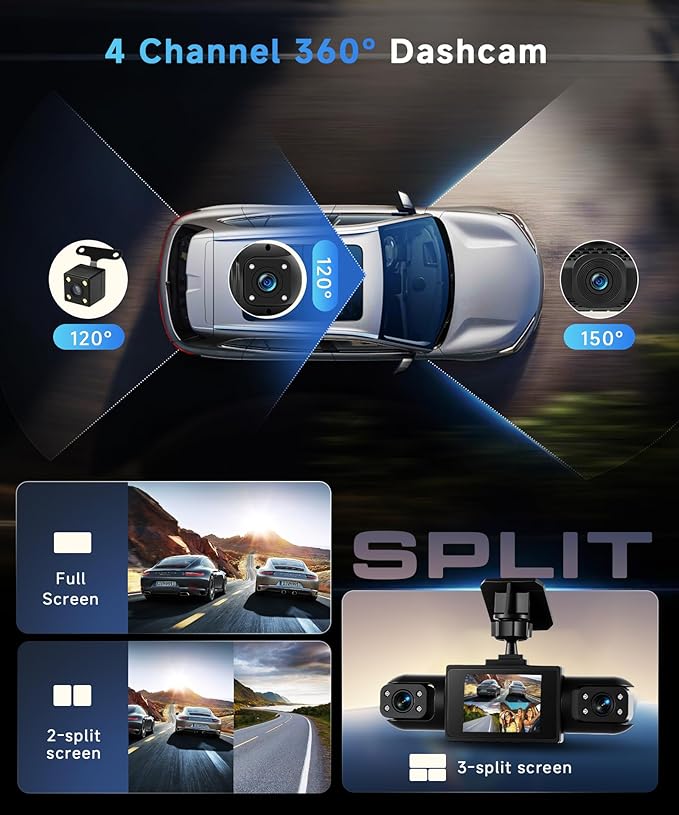 4 Channel 360° Dash Cam Front and Rear Inside Left Right, 2 Inch Dash Camera for Cars, Built-in Night Vision, Sensitive Motion Detection 24/7 Recording Parking Mode Monitor Reversing Help