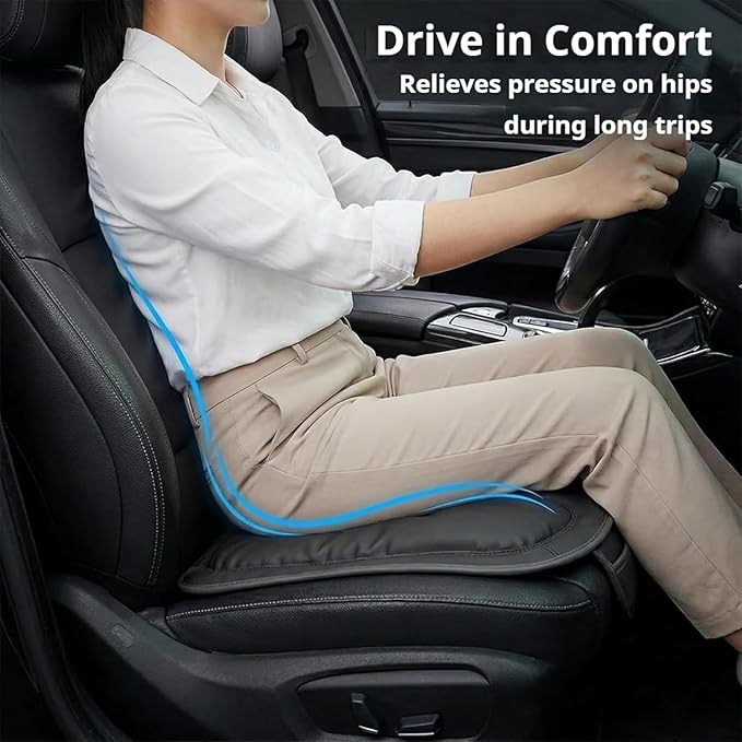 Skin-Friendly & Dirt-Repellent Leather Seat Cushions, 2026 Car Seat Cushion for Driving, 1.57" Thick Comfort Seat Protector, Universal Non-Slip Memory Foam Pad for Car (Black, Front Seat Cushion)