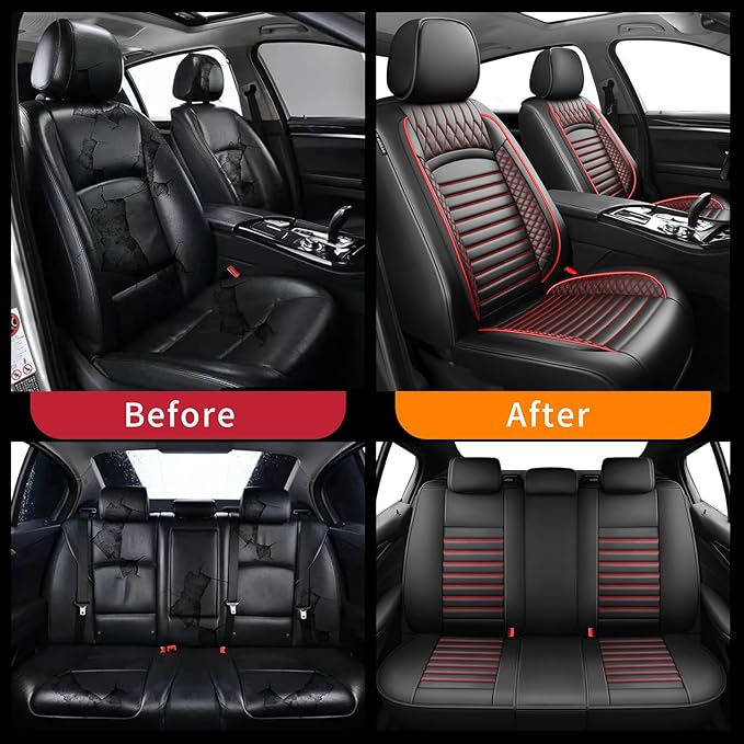 Fit Prius Car Seat Covers for Toyota Prius 2001-2024 2025 2026 - Upgraded Premium Waterproof & Breathable Leather, Airbag Compatible, All-Weather Seat Cushion Protector (Full Set, Black+Red)